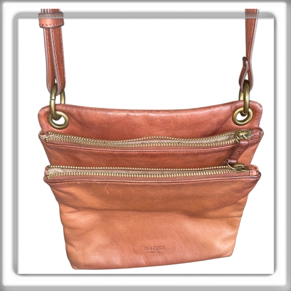 MARGOT New York Triple Pocket 100% Leather Brown Crossbody Shoulder Bag Purse